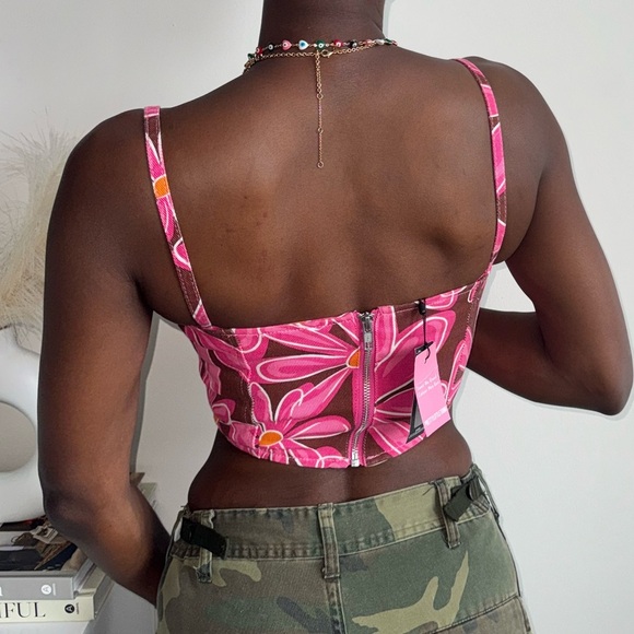 NWT Denim Corset Floral Print Dipped Hem - Picture 8 of 9